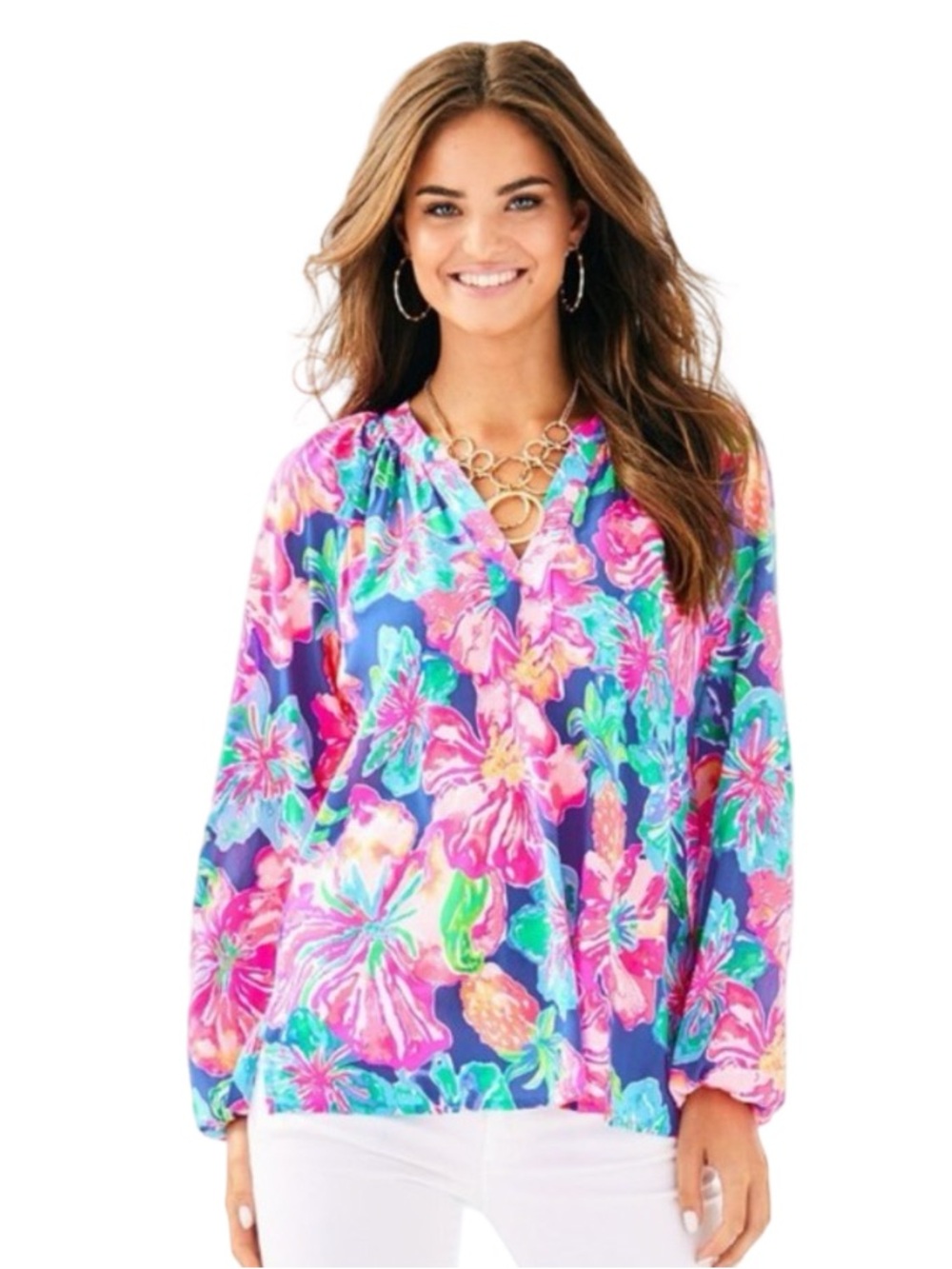 Lilly Pulitzer Martinique Tunic Blouse Size Large Beckon Blue Multi Southern